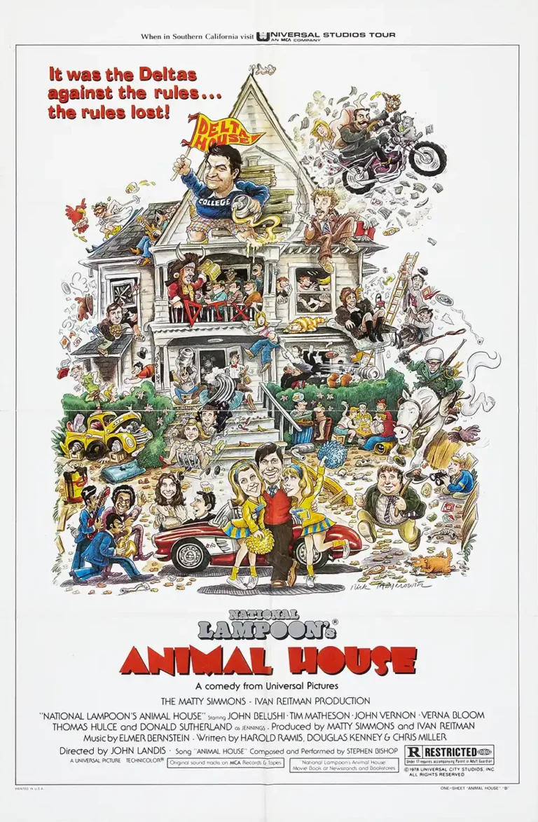 National Lampoon's Animal House Movie poster featuring a detailed, chaotic cartoon illustration of the Delta House fraternity party scene.