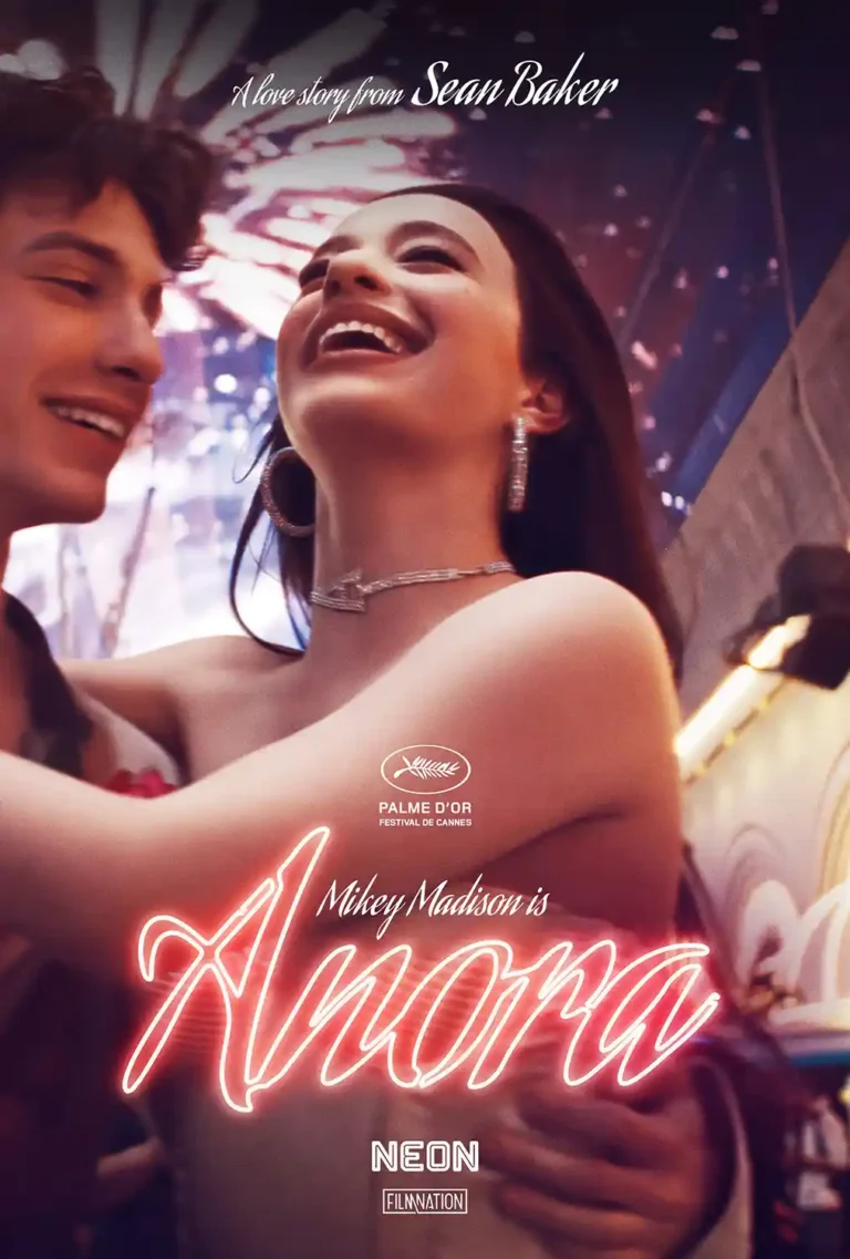 Anora 2024 Movie poster featuring Mikey Madison laughing joyfully, embraced by a co-star. Includes the official Palme d'Or seal and glowing neon title art.
