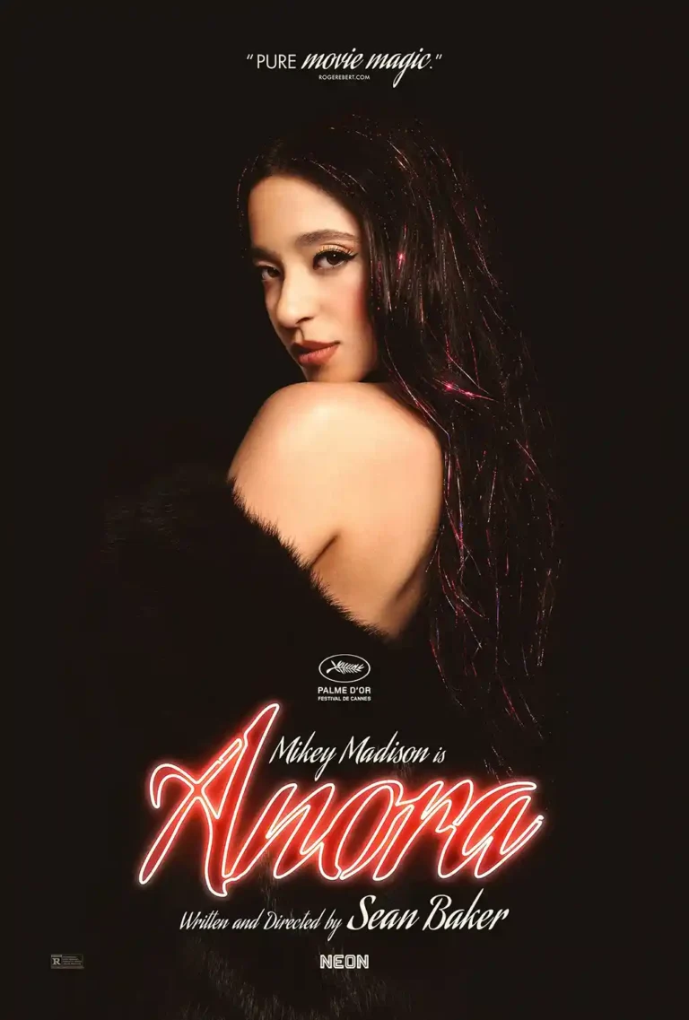 Anora (2024) Movie poster featuring Mikey Madison against a black background with a glowing red neon title.