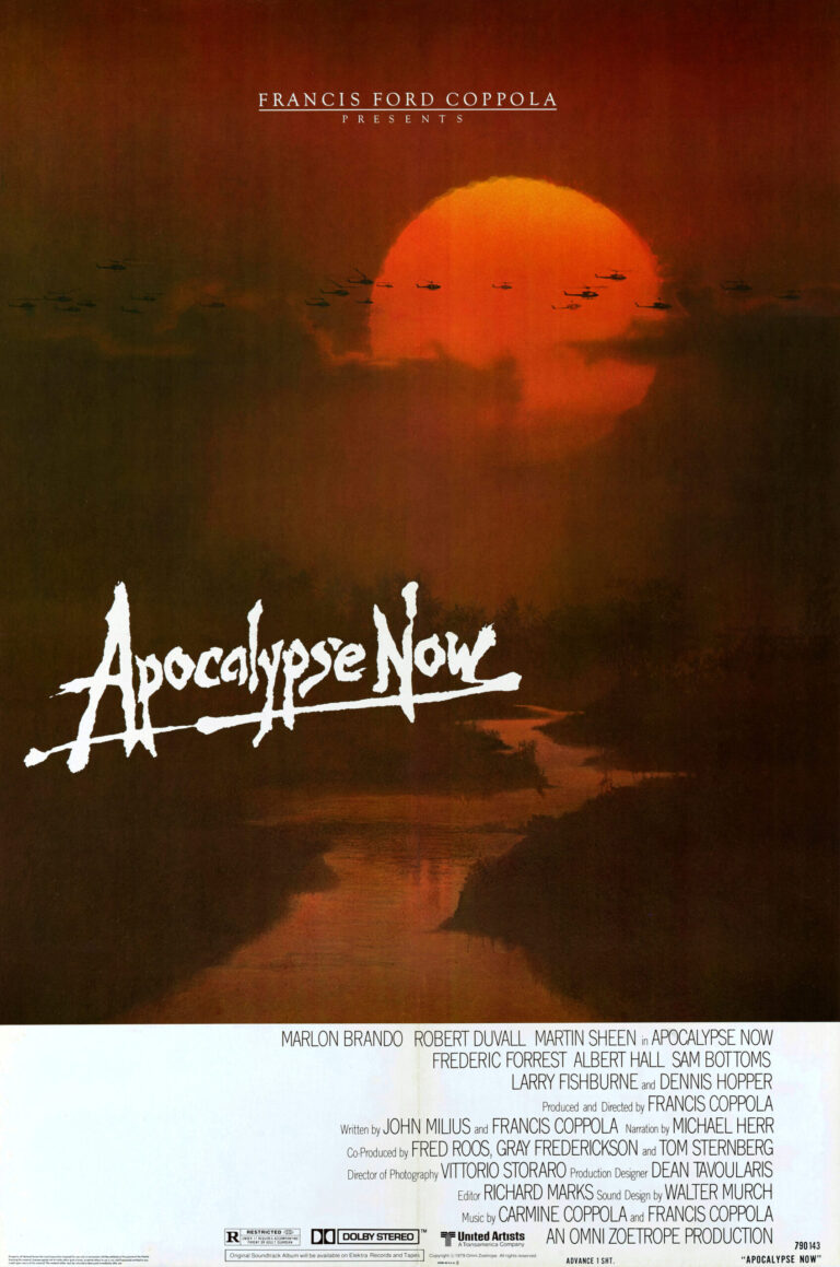 Apocalypse Now Movie poster featuring a squadron of helicopters silhouetted against a large, fiery orange and red sunset over a dark jungle river.