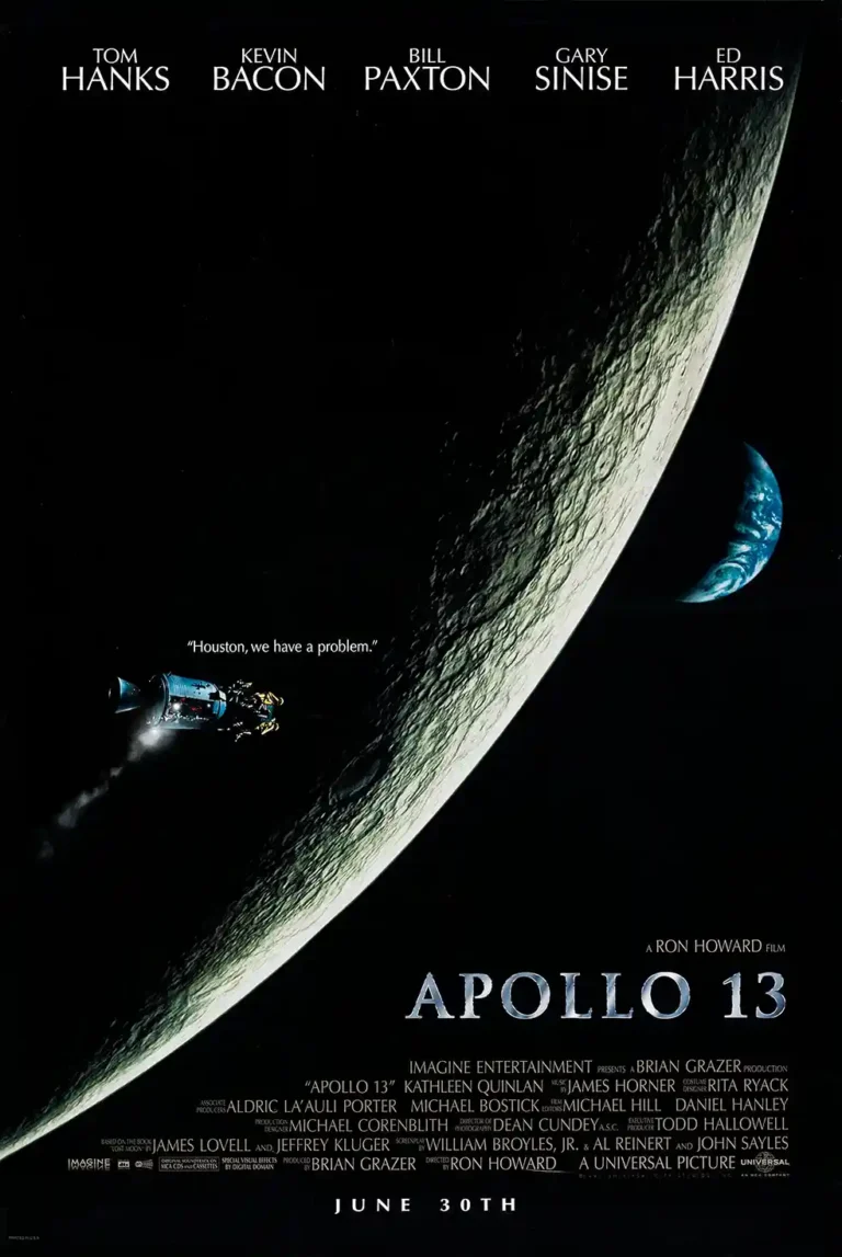 Apollo 13 movie poster featuring the spacecraft near the moon with the quote "Houston, we have a problem" and the Earth visible in the background.