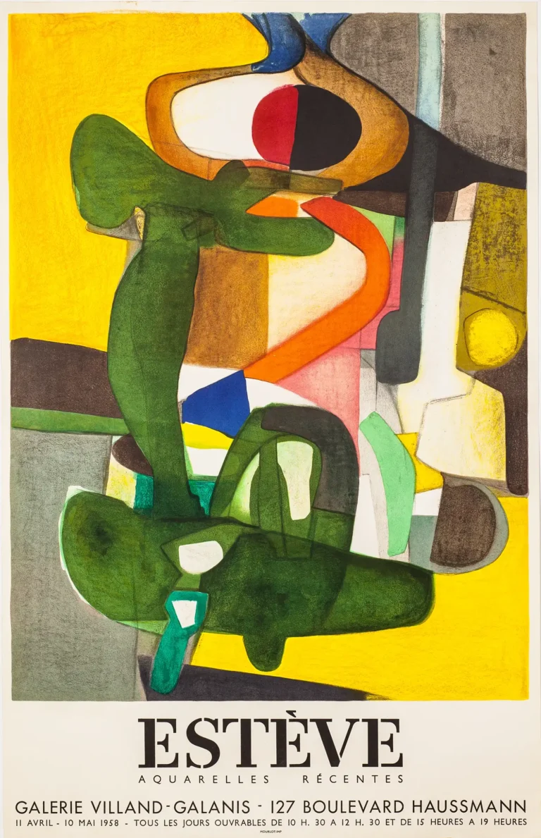 Maurice Estève Abstract Art poster featuring biomorphic shapes in bright yellow, deep green, and orange against a subtle background.