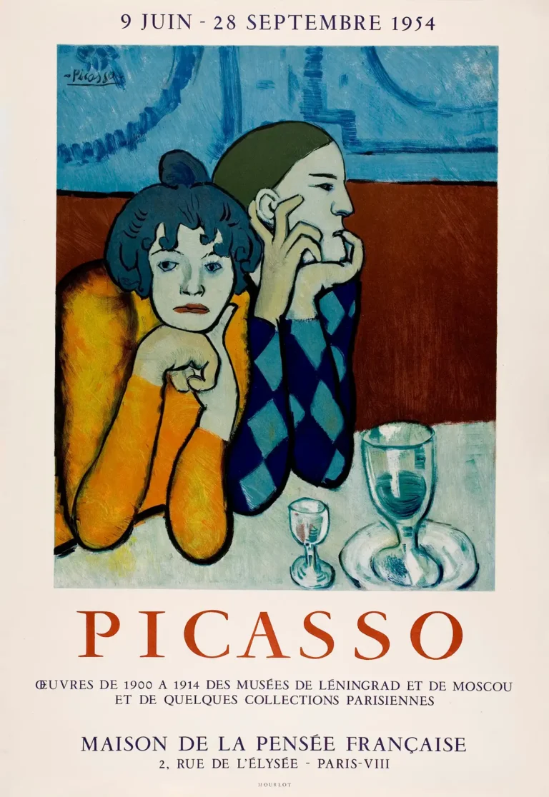Pablo Picasso Art Exhibition poster (1954) featuring the melancholy figures of Harlequin and his companion at a table in blue and orange.