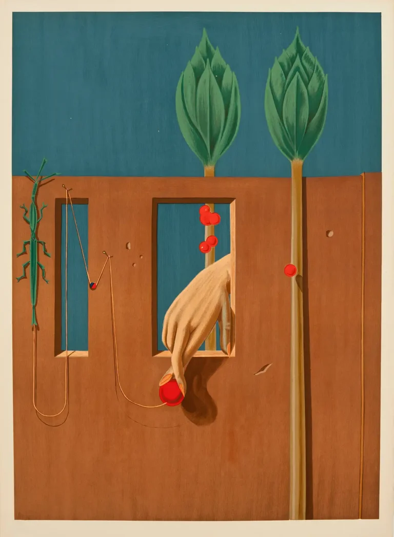 Max Ernst Surrealist Art poster, "At the First Clear Word," featuring a hand reaching out of a window next to a large green stick insect and red spheres.