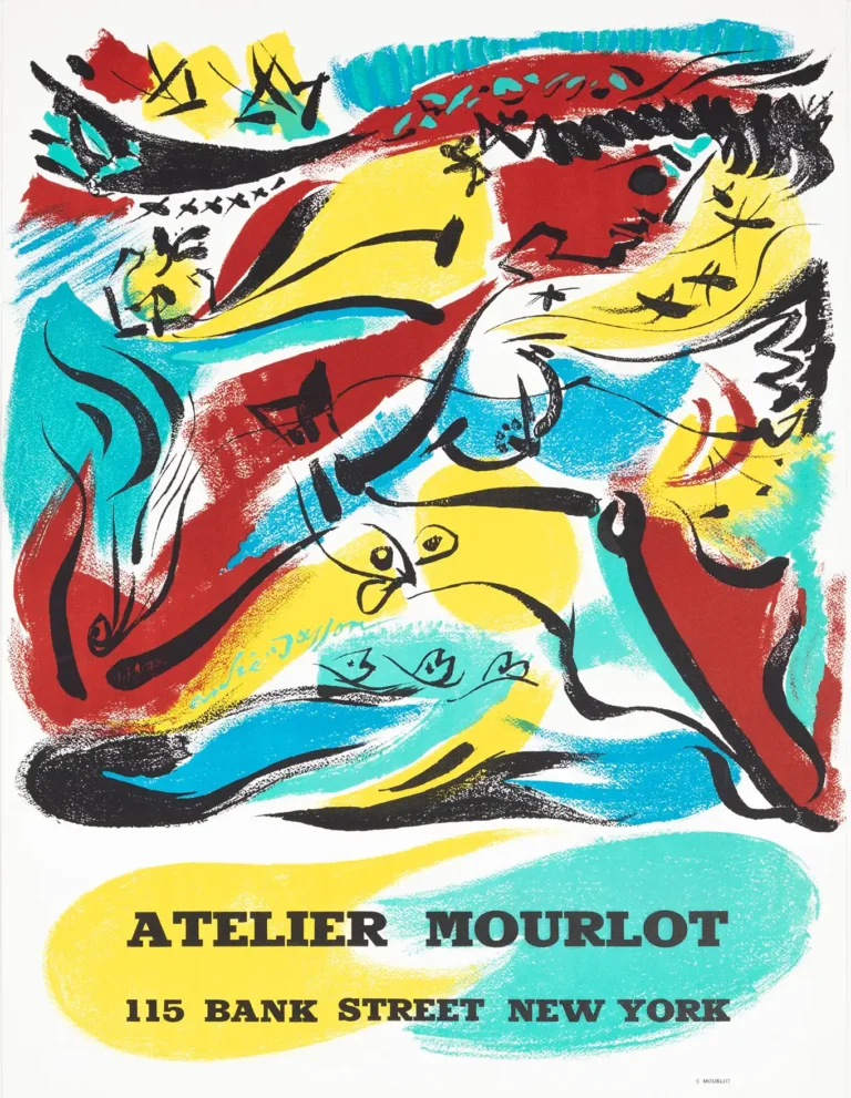 Andre Masson Art poster (1967) for Atelier Mourlot featuring vibrant, expressive strokes of red, yellow, black, and turquoise in an abstract expressionist style.