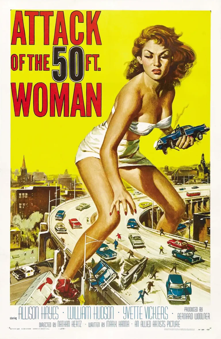 Attack of the 50 Foot Woman movie poster featuring a gigantic woman stepping over an overpass, crushing cars against a bright yellow background.