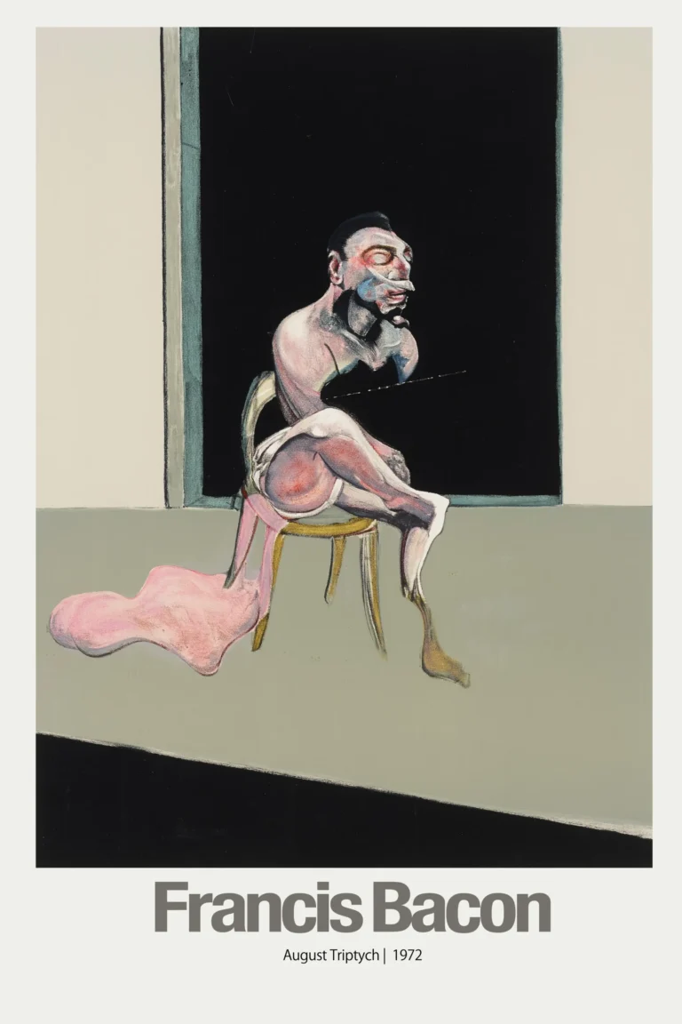 Francis Bacon Art poster featuring a disturbing, seated figure from August Triptych 1972 against a dark void background.