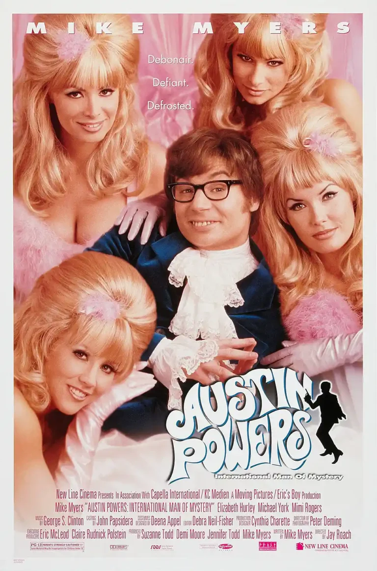 Austin Powers: International Man of Mystery Movie Poster featuring Mike Myers surrounded by blonde, mod-style women in pink feathered robes.