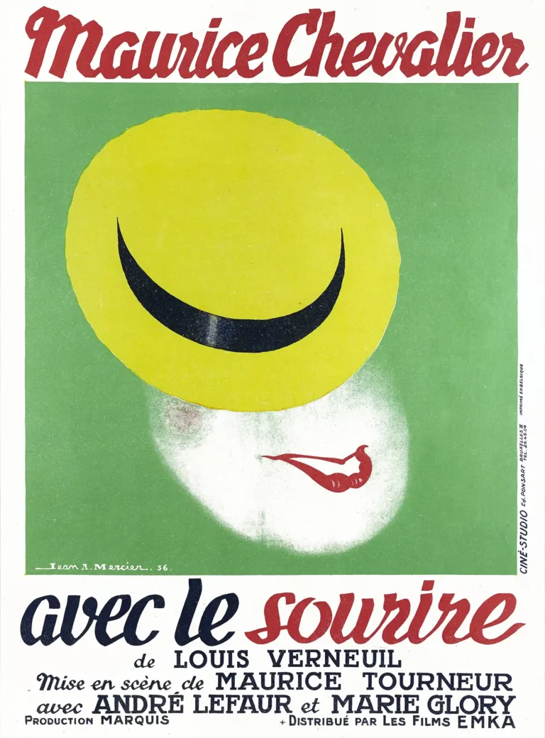 Avec le sourire 1936 French Movie poster featuring a large yellow smiley face and minimalist red lips against a bright green background, designed by Jean A. Mercier.