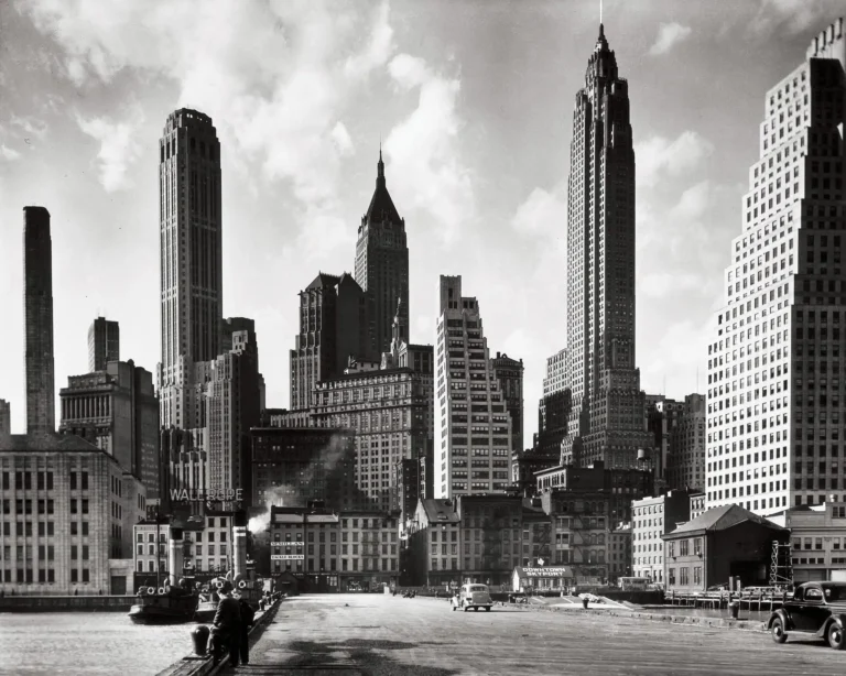 Berenice Abbott Art poster featuring a black and white photograph of the vintage New York City skyline and skyscrapers from the 1930s.