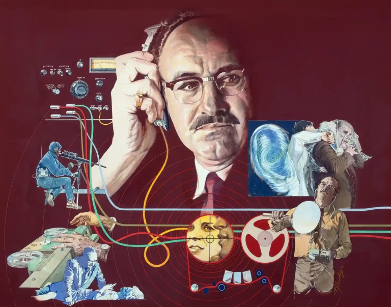 Bernard D'Andrea Espionage Art poster featuring a man listening on headphones surrounded by wiretap equipment and fragmented spy scenes on a deep red background.