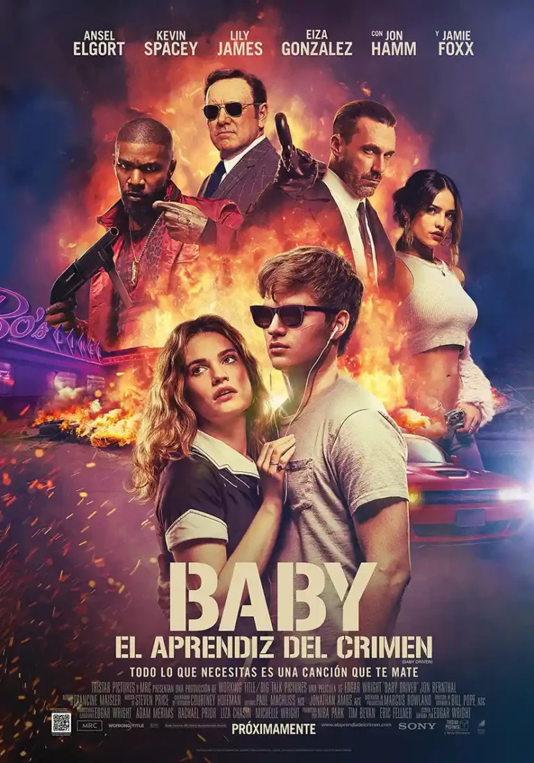 Baby Driver 2017 movie poster featuring Ansel Elgort and the main ensemble cast over a fiery explosion and a classic red car.
