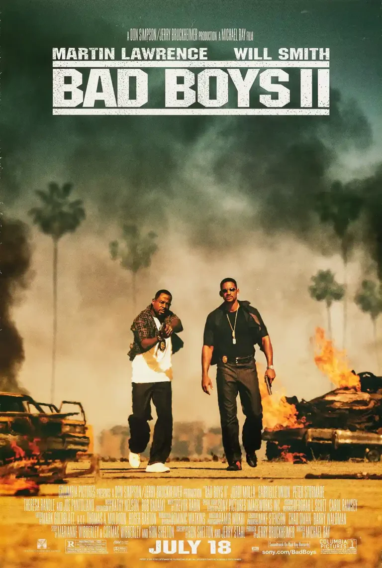 Bad Boys II action movie poster featuring Will Smith and Martin Lawrence walking through smoke and fire with guns drawn.