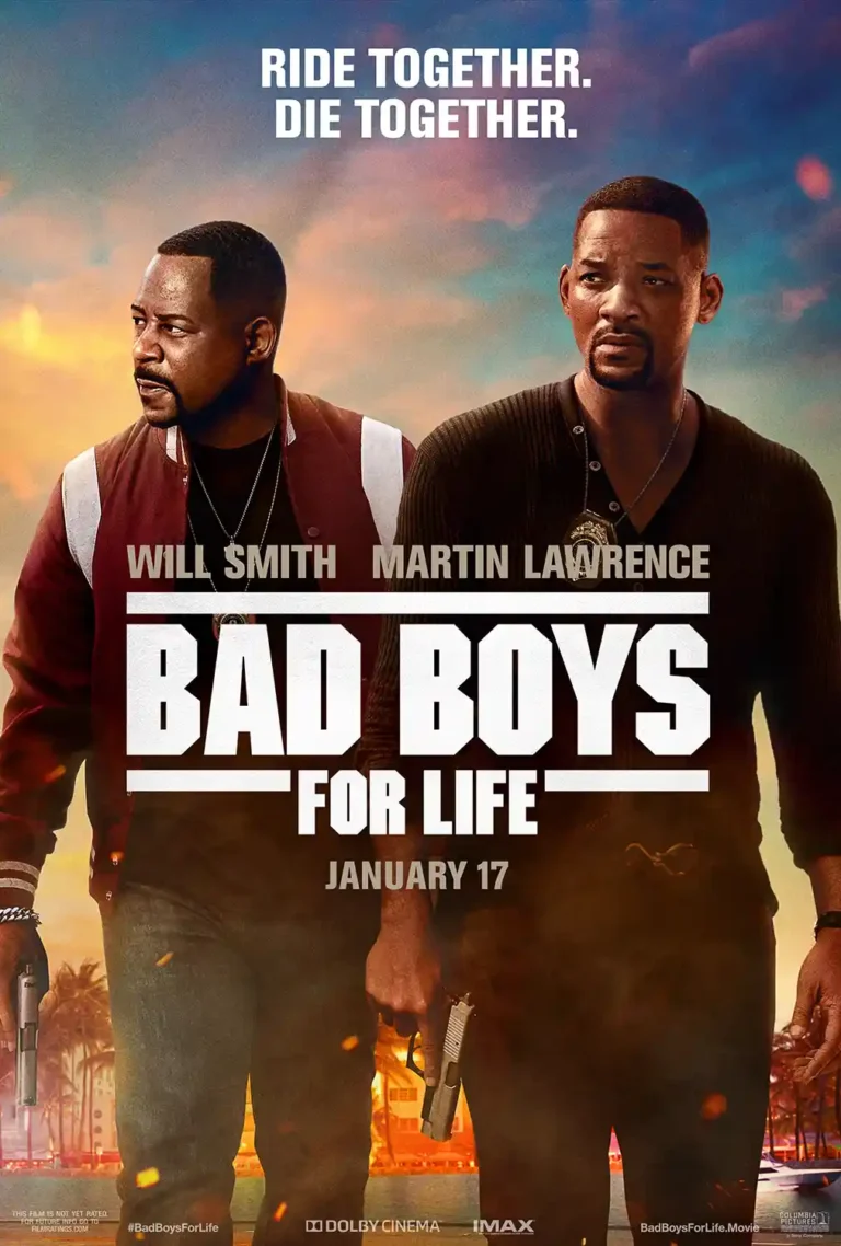Bad Boys for Life (2020) action movie poster featuring Will Smith and Martin Lawrence holding guns against a vibrant Miami sunset backdrop.