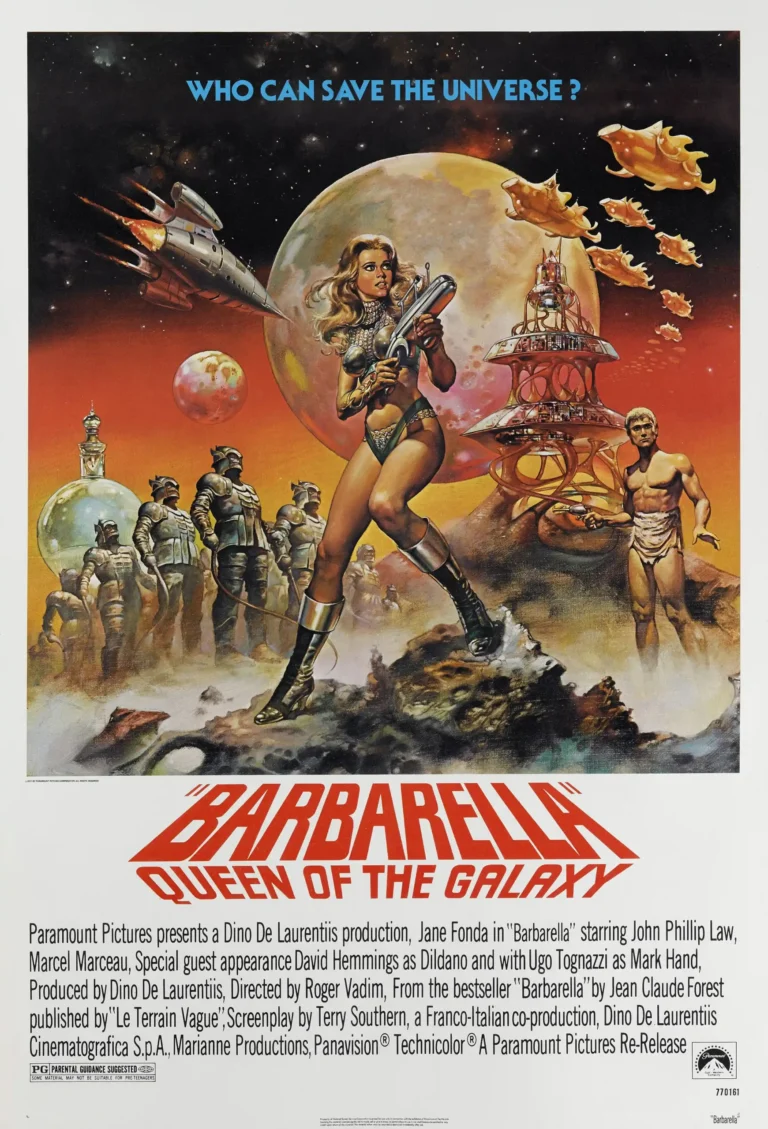 Barbarella (1968) Movie poster featuring Jane Fonda in a metallic sci-fi outfit holding a gun on an orange alien planet background with spaceships.
