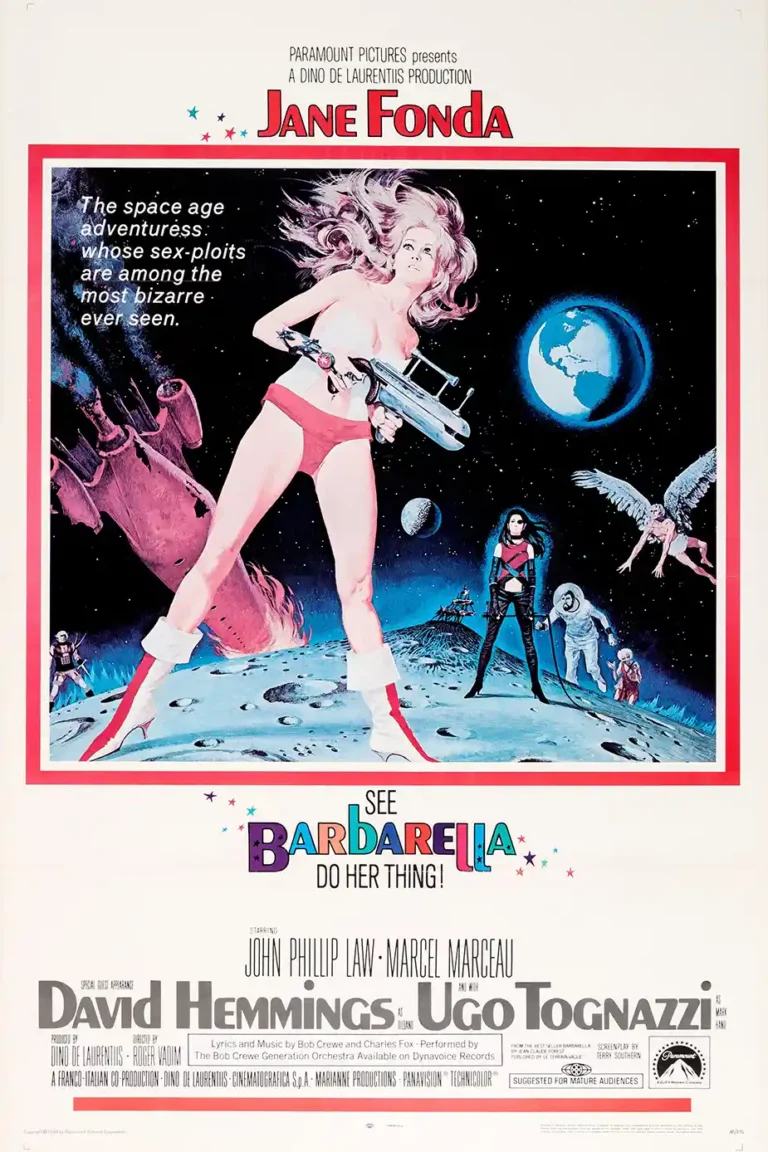 Barbarella Movie poster featuring Jane Fonda in a futuristic outfit on a moonscape holding a ray gun, 1968 vintage sci-fi film art.