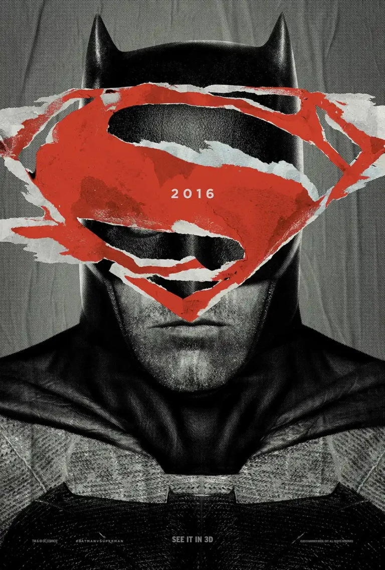 Batman v Superman: Dawn of Justice movie poster featuring Ben Affleck's Batman face obscured by a ripped, distressed Superman 'S' shield in red.