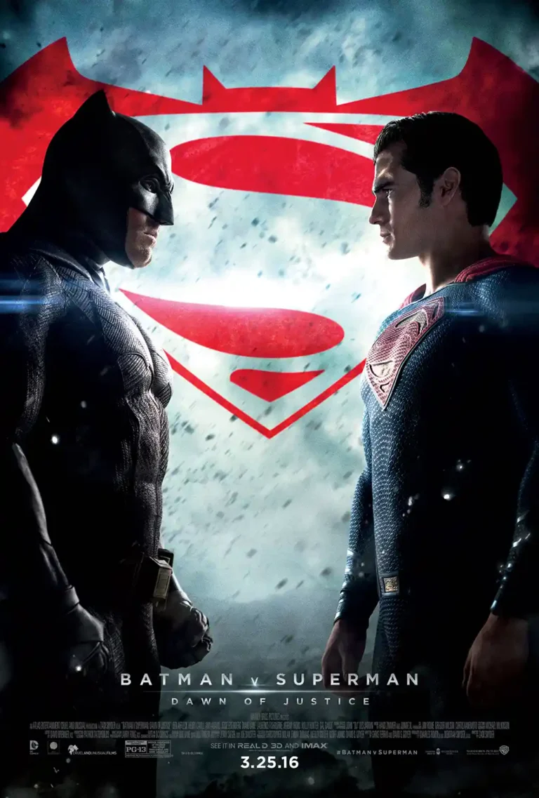 Batman v Superman: Dawn of Justice Movie poster featuring Batman and Superman in a dramatic face-off against a combined Bat-S symbol background.