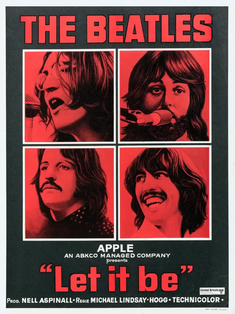 The Beatles Let It Be Movie poster featuring 1970 Belgian design with four high-contrast red duotone portraits of the band members.