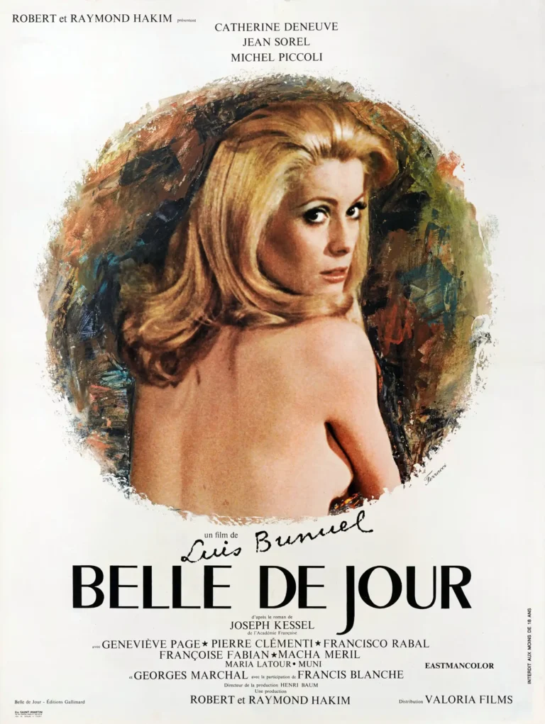 Belle de Jour French Movie poster featuring Catherine Deneuve's provocative portrait framed by expressive, painterly brushstrokes.