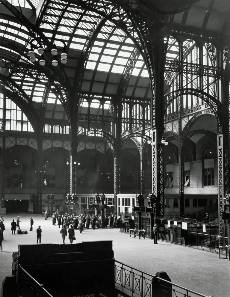 Berenice Abbott historical photography poster featuring the vast, soaring iron and glass concourse interior of the original Penn Station, 1935.