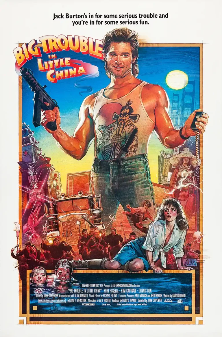 Big Trouble in Little China Movie Poster featuring Kurt Russell as Jack Burton holding a submachine gun, with vibrant 1980s action imagery and supporting characters.