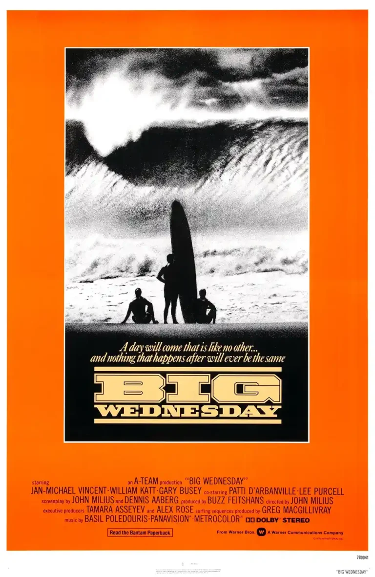 Big Wednesday Movie poster featuring three silhouette surfers and a large surfboard against a monumental black and white wave and orange border.