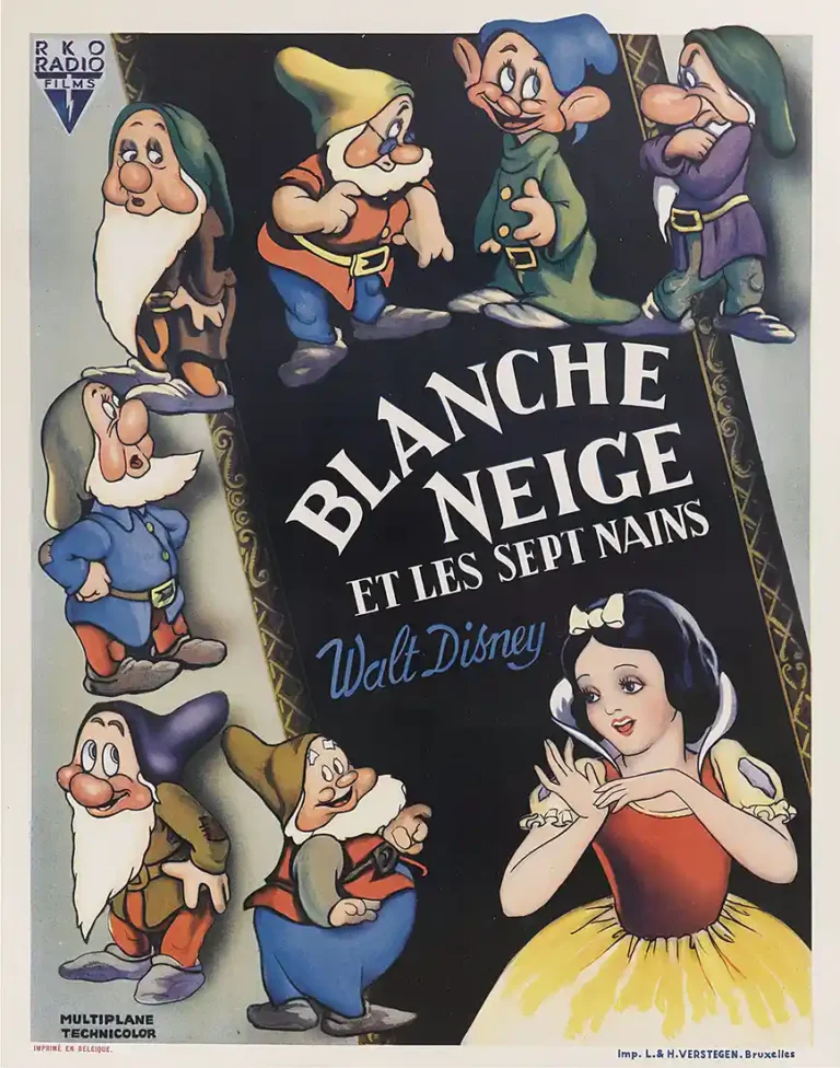 Snow White and the Seven Dwarfs Movie poster featuring the full cast, including Snow White, Dopey, and Grumpy, with vintage French typography.
