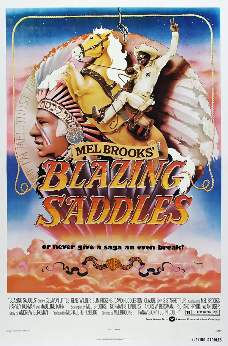 Blazing Saddles Movie poster featuring Sheriff Bart riding a winged horse with a Native American figure in a vibrant 1970s style.