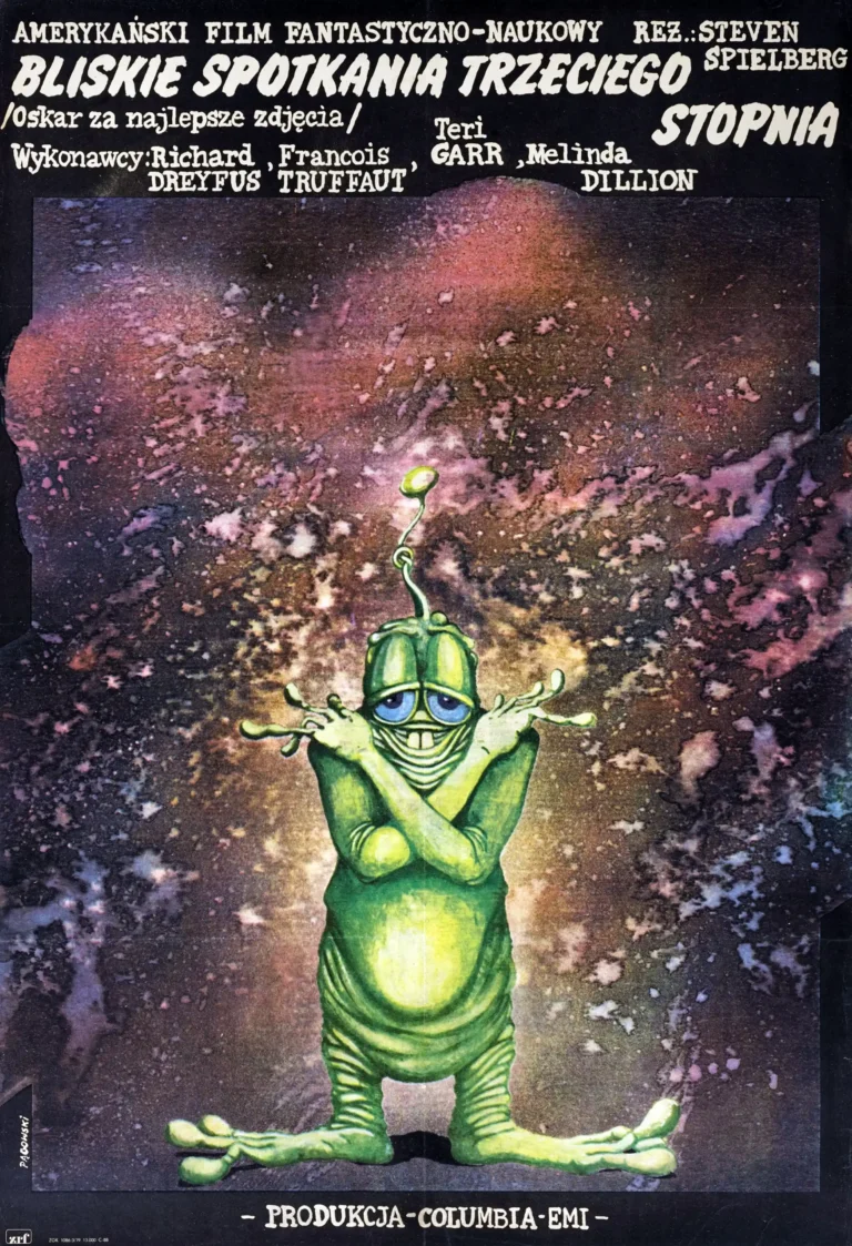 Close Encounters of the Third Kind (CE3K) movie poster, Polish variant, featuring a cartoonish green alien against a vintage cosmic background.
