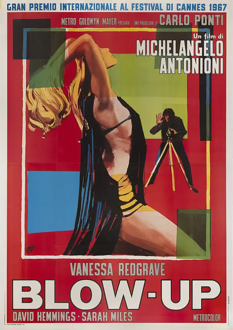 Blow-Up 1966 film poster featuring a striking Pop Art illustration of a model and a photographer on a bright red, geometric background.