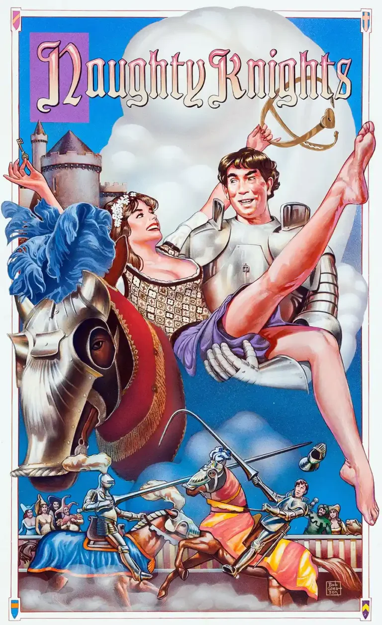 Naughty Knights Comedy Movie poster featuring a comic illustration of a medieval knight holding a laughing maiden above a jousting tournament, illustrated by Bob Gleason.