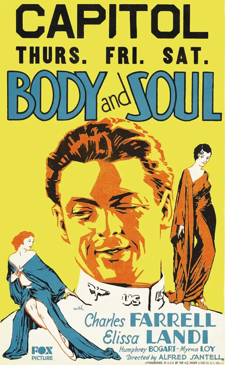 Body and Soul 1931 Movie poster featuring a large portrait of Charles Farrell and two women, set against a bright yellow background with retro typography.