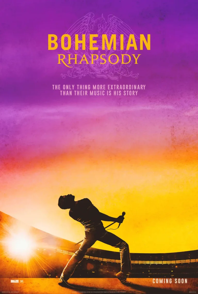 Bohemian Rhapsody movie poster featuring the silhouette of Freddie Mercury performing live against a vibrant purple and orange sunset background.