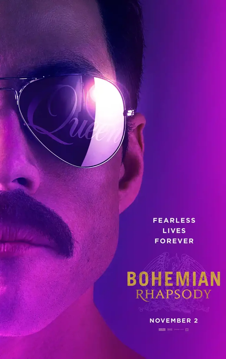 Bohemian Rhapsody Movie poster featuring a close-up of Freddie Mercury in aviator sunglasses with a purple neon glow.