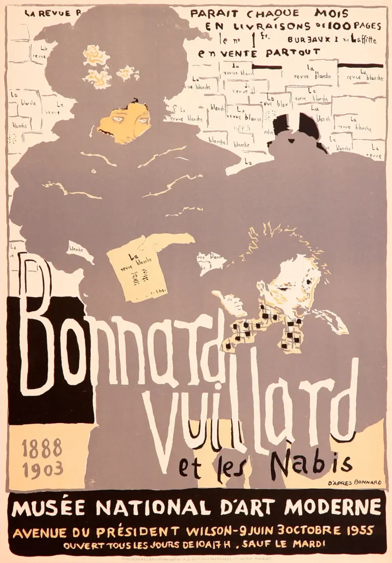 Pierre Bonnard and Édouard Vuillard Nabis exhibition art poster featuring a stylized woman in a large hat and a child figure.
