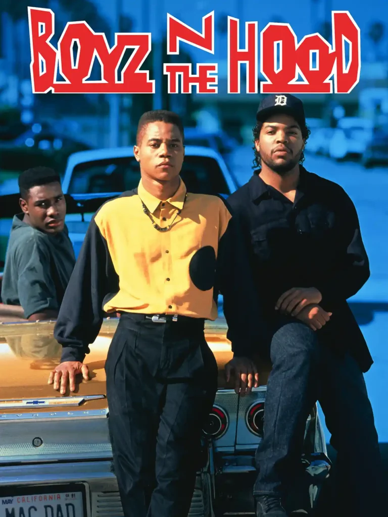 Boyz N the Hood movie poster featuring main actors Cuba Gooding Jr. and Ice Cube prominently featured leaning against a classic gold lowrider car.