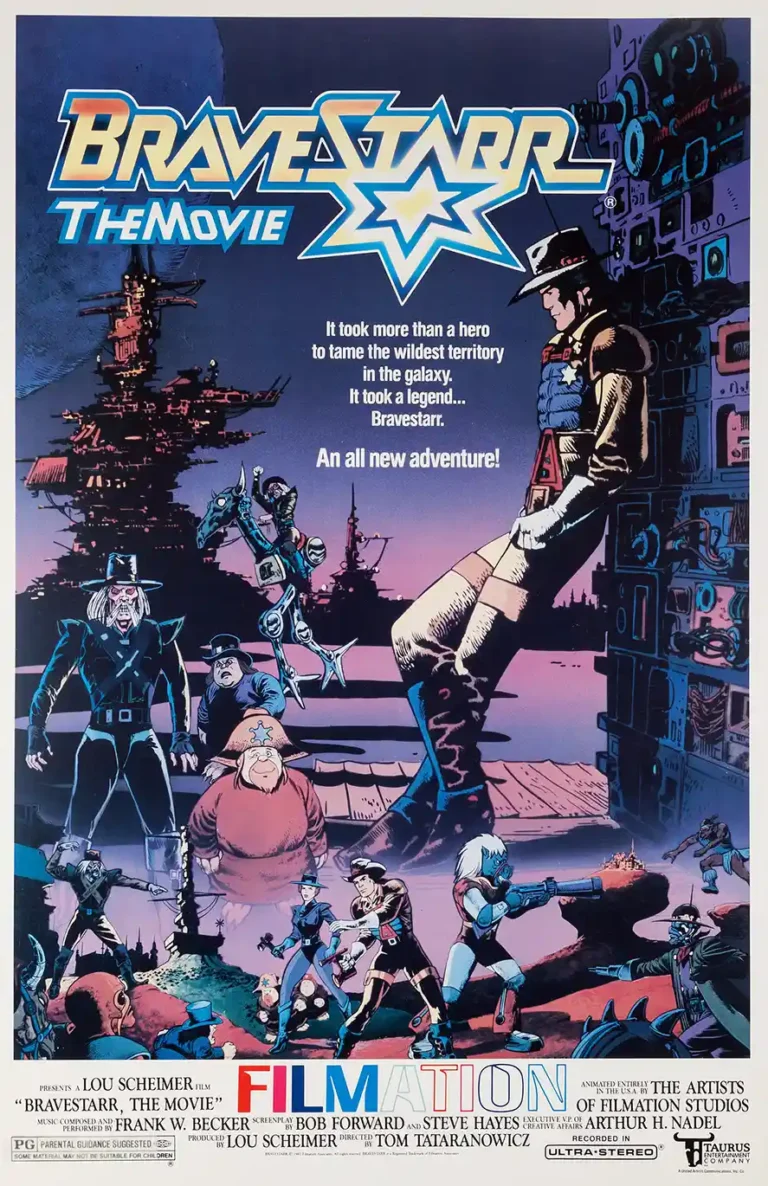 BraveStarr The Movie 1988 Filmation poster featuring Marshall BraveStarr, Thirty/Thirty, and the core cast in a futuristic western cityscape.