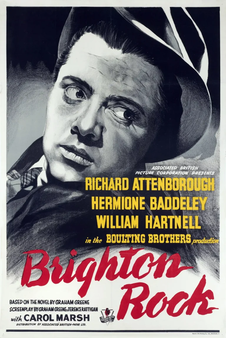 Brighton Rock (1947) movie poster featuring a dramatic, high-contrast black and white portrait of actor Richard Attenborough in a fedora.