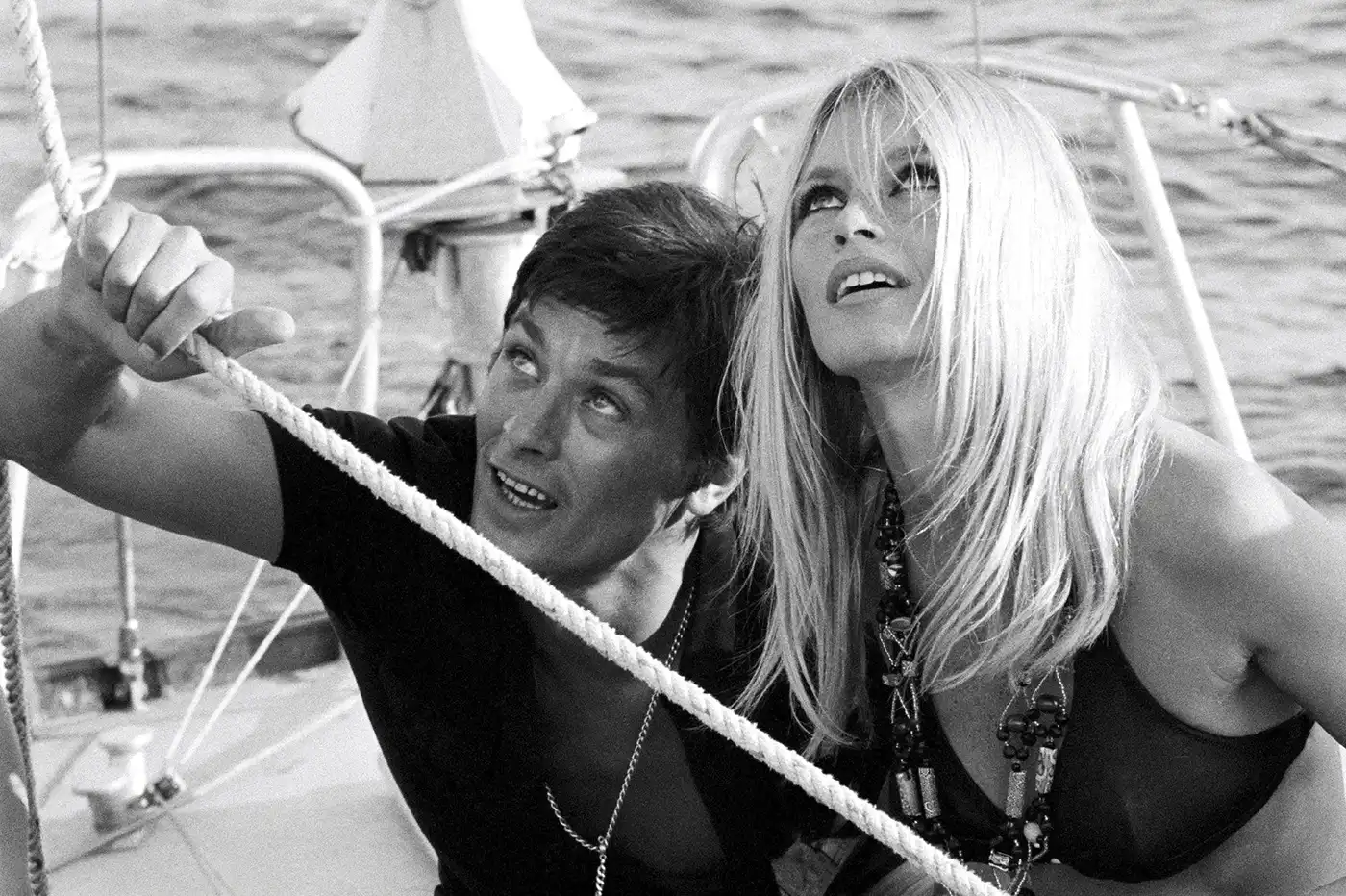 Brigitte Bardot and Alain Delon print — vintage Hollywood black and white wall art, museum-quality French cinema double celebrity portrait photography