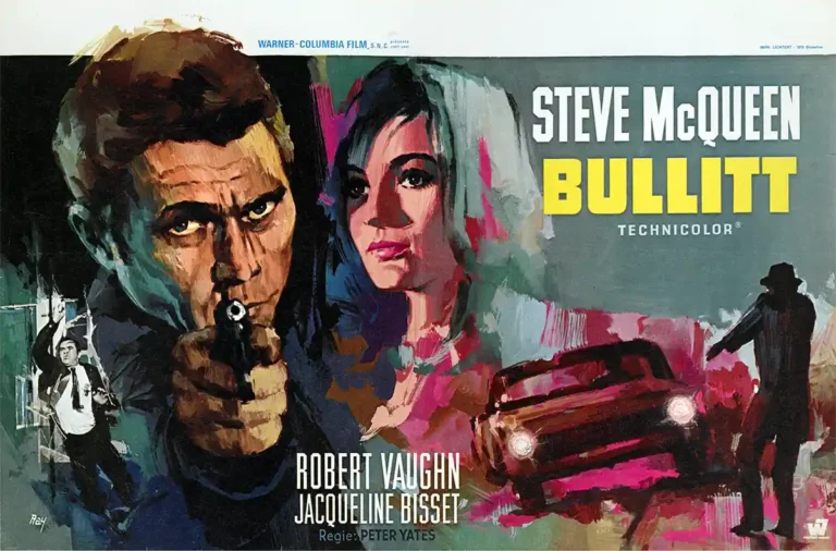 Bullitt Movie poster featuring Steve McQueen aiming a gun, painted in dramatic, expressionistic Belgian art style with vibrant pink and teal colors.