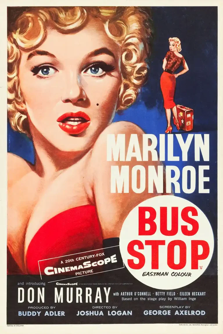 Bus Stop (1956) Movie Poster featuring a close-up illustration of Marilyn Monroe in a striking red dress and glamorous pin-up style.