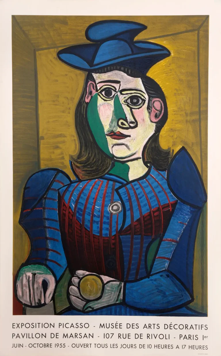 Pablo Picasso Art poster featuring Buste de Femme au Chapeau Bleu, a cubist portrait of a woman in a blue hat and striped jacket.