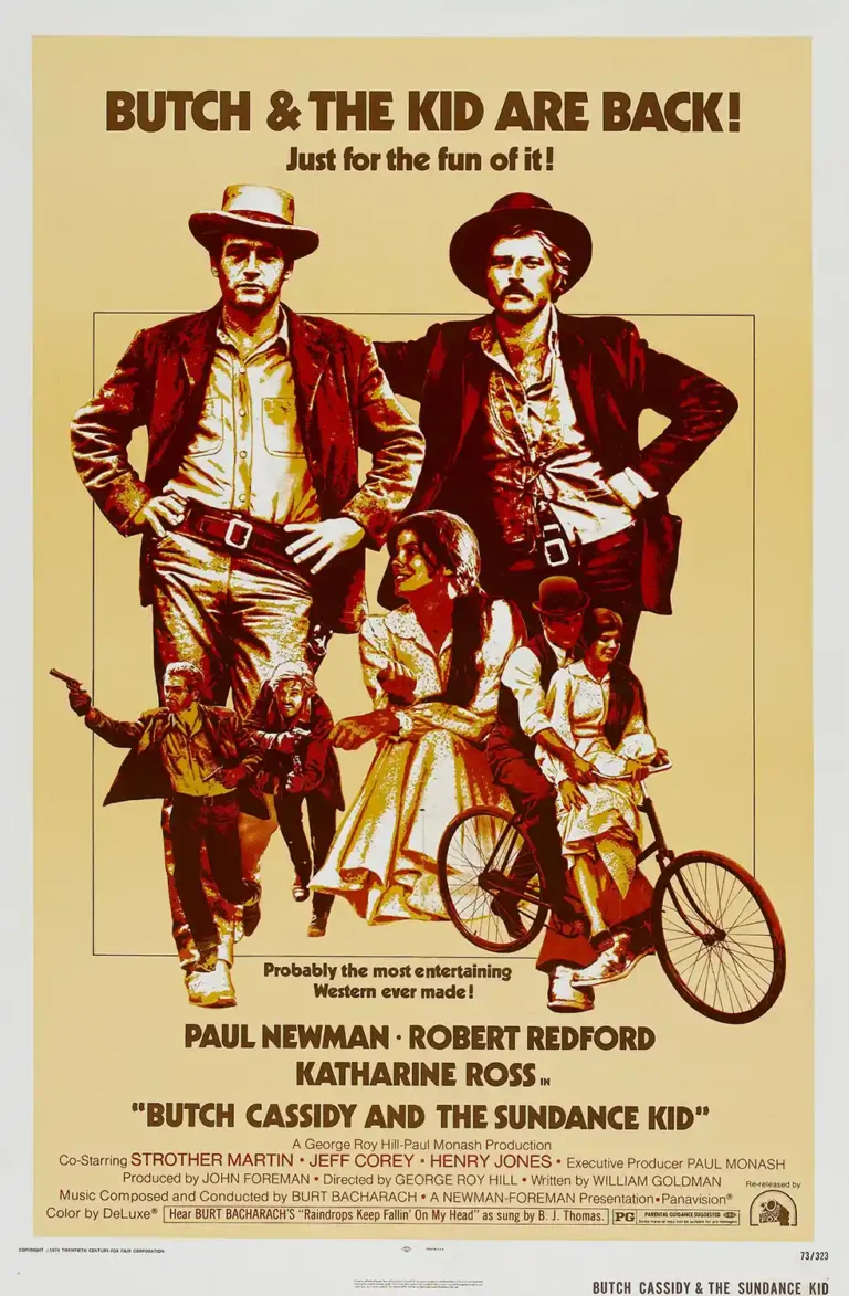 Butch Cassidy and the Sundance Kid Movie poster featuring Paul Newman and Robert Redford standing tall in 1960s Western style, set against a sepia background.