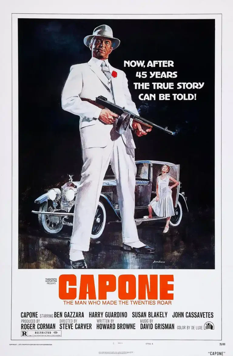 Capone (1975) Vintage Movie poster featuring Ben Gazzara as Al Capone in a white suit, holding a Tommy gun and standing by a classic 1920s car.