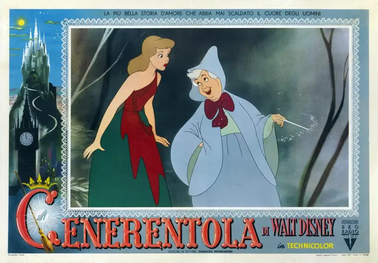 Disney's Cinderella (1950) vintage Italian movie poster featuring Cinderella and the Fairy Godmother casting a magical spell in the forest.