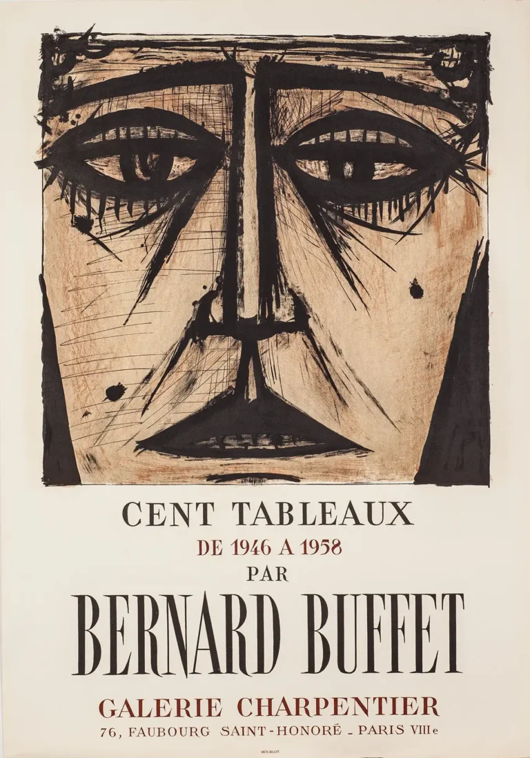 Bernard Buffet Art poster for the 1958 Cent Tableaux exhibition, featuring a stark, angular Expressionist portrait in black and beige tones.