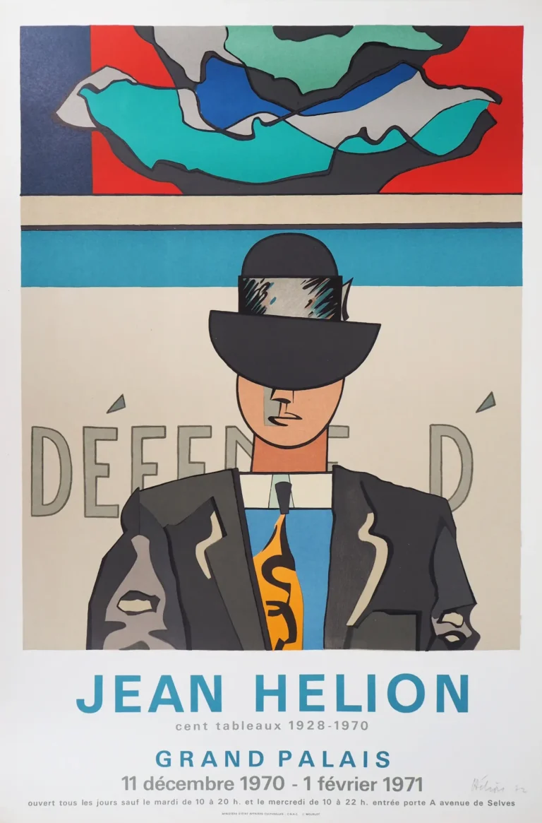 Jean Hélion Grand Palais exhibition art poster featuring a stylized, abstract figurative portrait of a man in a black suit and hat.
