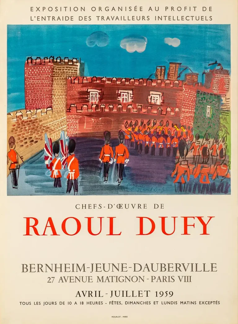 Raoul Dufy Art poster featuring an exhibition announcement illustration of red-coated ceremonial guards marching in front of a brick castle wall under a blue sky.