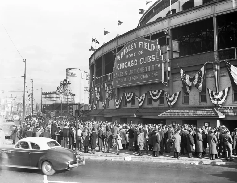 Wrigley Field Baseball poster: Historic black and white photo of a large crowd outside the Chicago Cubs stadium.